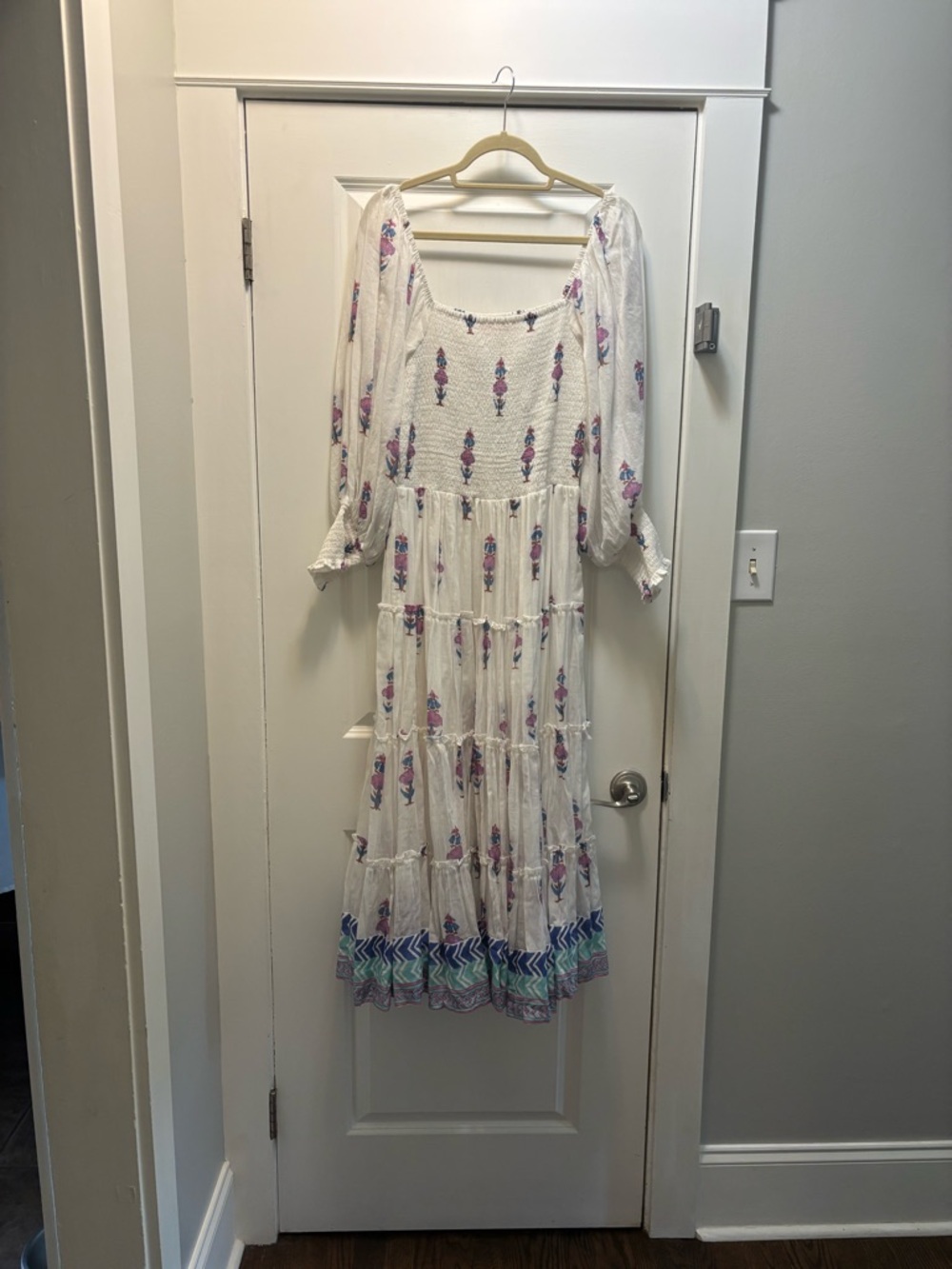 Oliphant White Midi Dress with Pink and Blue Floral Motif
